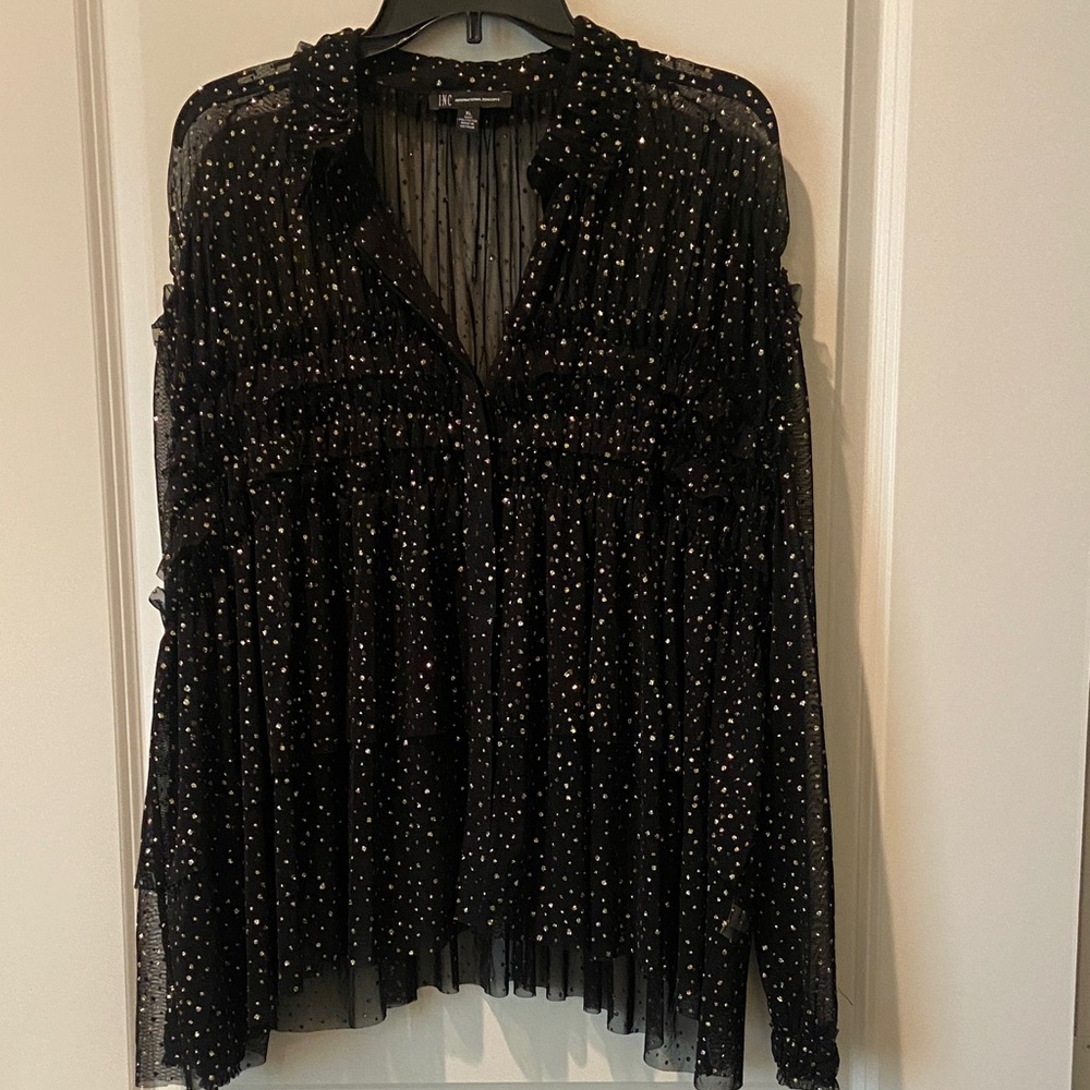 INC International Concepts Black Sheer Blouse with Gold Accent